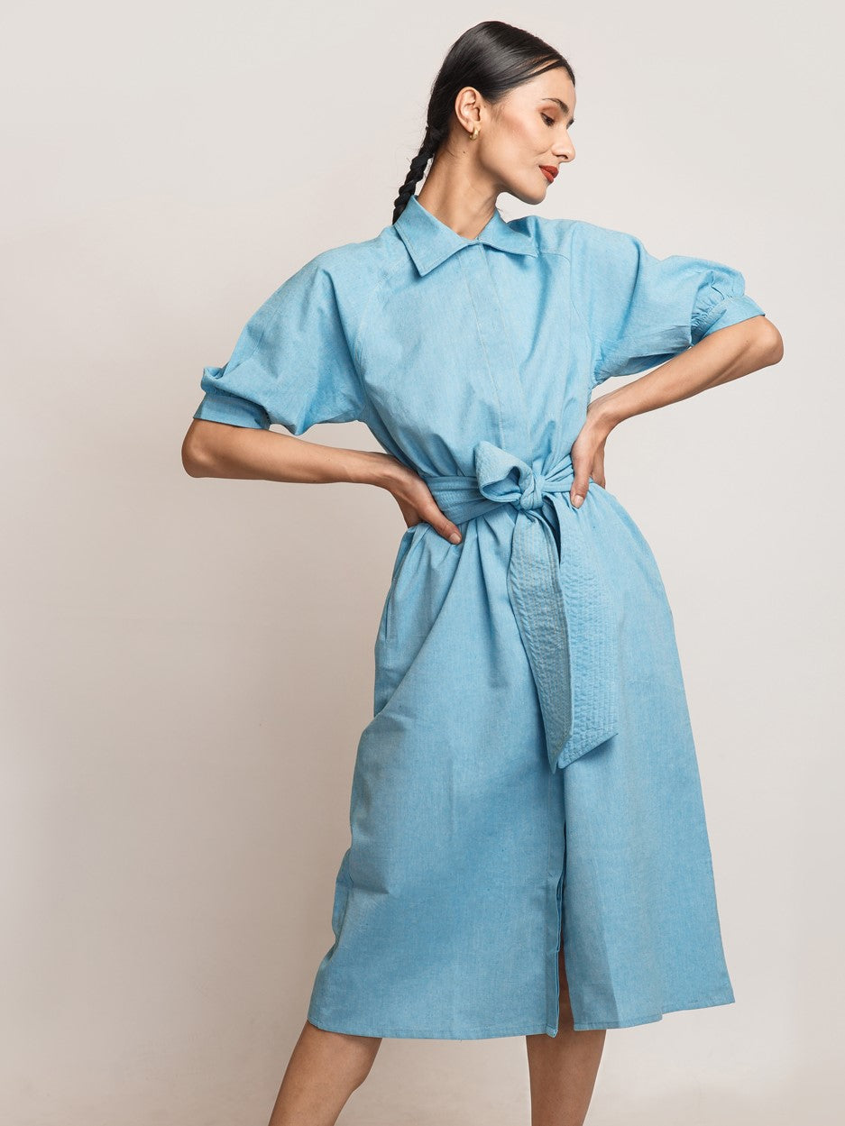 blue tie belt dress